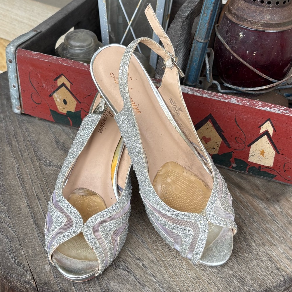 L Lorraine Pearl Glittering Gem Embellished Silver‎ Slingback Heels